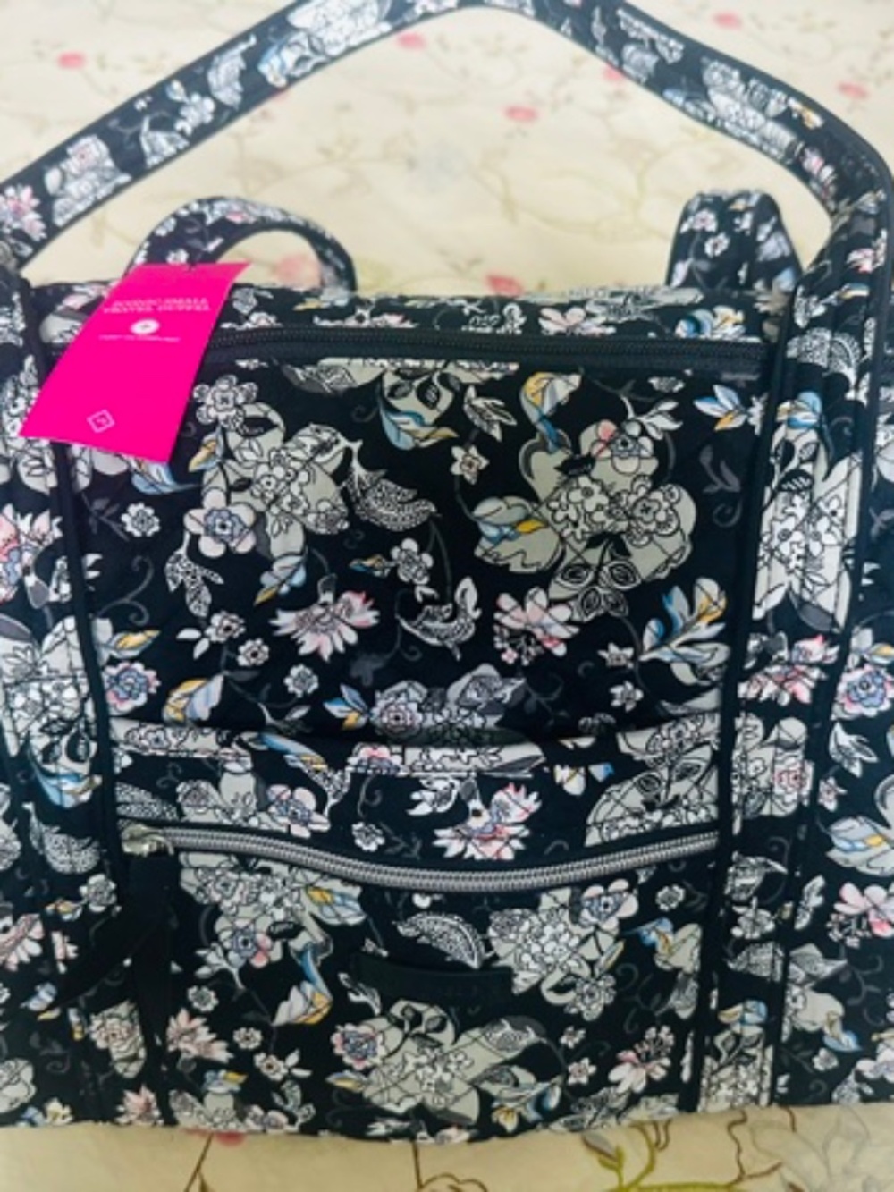 Vera Bradley Small Travel Duffel Black with White/Blue Flowers